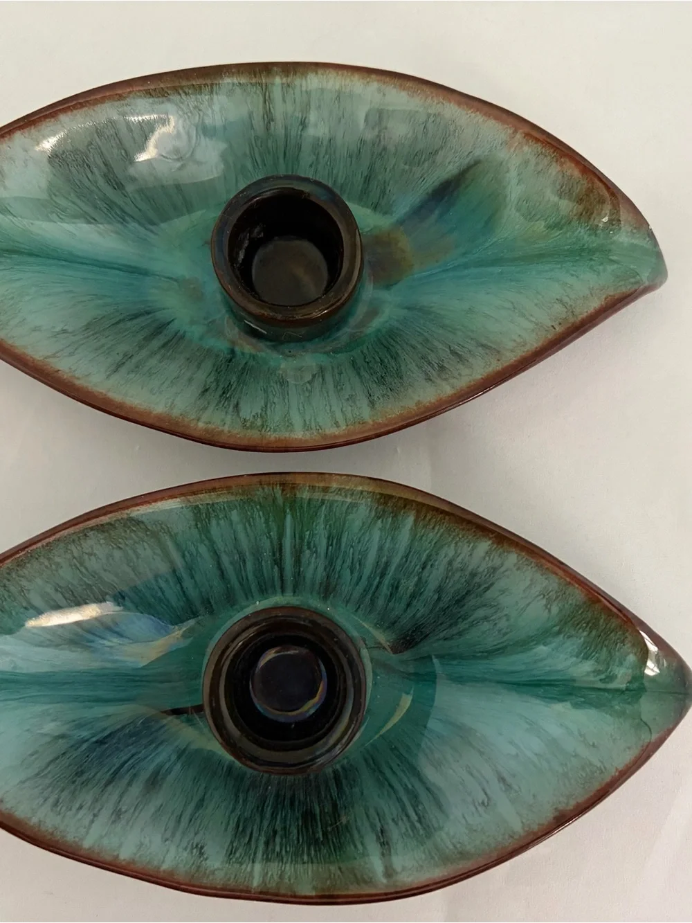 MCM Blue Mountain Pottery Leaf Candle Holder Pair